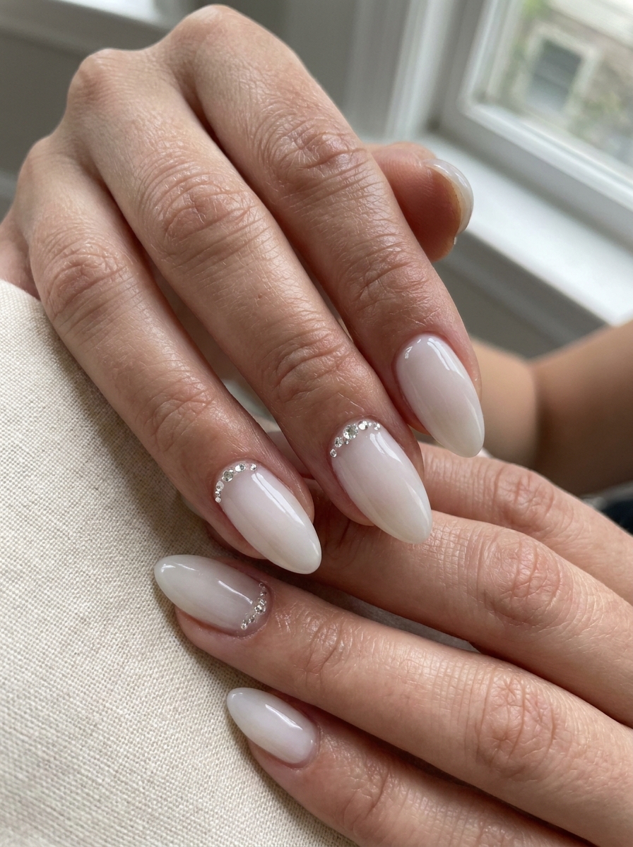 Milky White Glassteinnägel mit klaren dezenten Steinchen